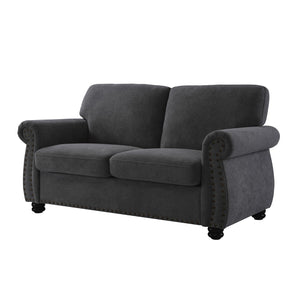 English Elm Soft Velvet Upholstered Loveseat with Turned Wood Legs Nailhead Trim Mid-century Style Black B2735P292309