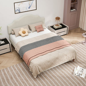 English Elm Queen Upholstered Platform Bed with Adjustable Headboard, Linen Fabric, Sturdy 1000lb Frame, Beige W1716P280054