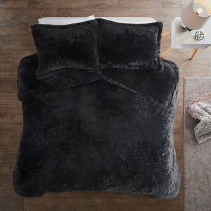 JLA Home Intelligent Design - Shaggy Faux Fur Duvet Cover Set for Ultimate Cozy Luxury — Plush Reverse, Hidden Zipper, Corner Ties Black ID12-2041