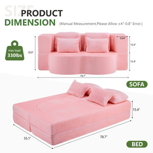 English Elm Queen Foldable Sofa Bed with Plush Chenille Cover, High-Density Foam Convertible Futon for Living Room Guest Room Bedroom Pink W1829P348205