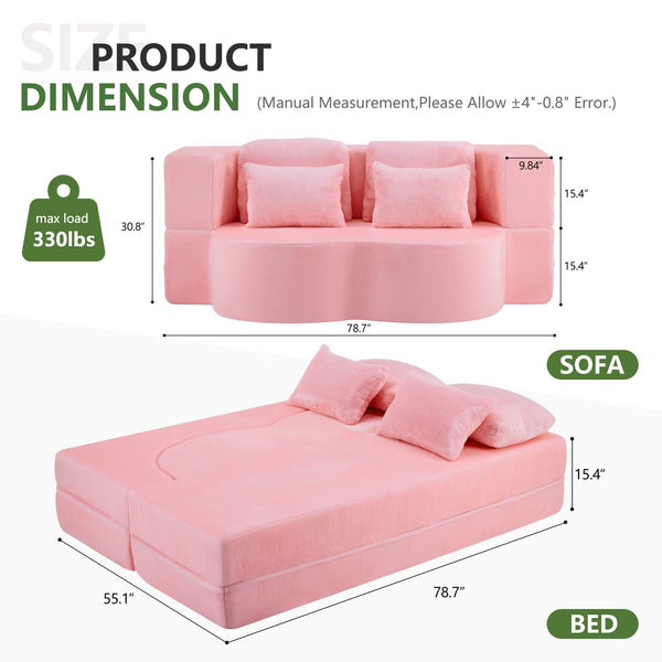 English Elm Queen Foldable Sofa Bed with Plush Chenille Cover, High-Density Foam Convertible Futon for Living Room Guest Room Bedroom Pink W1829P348205