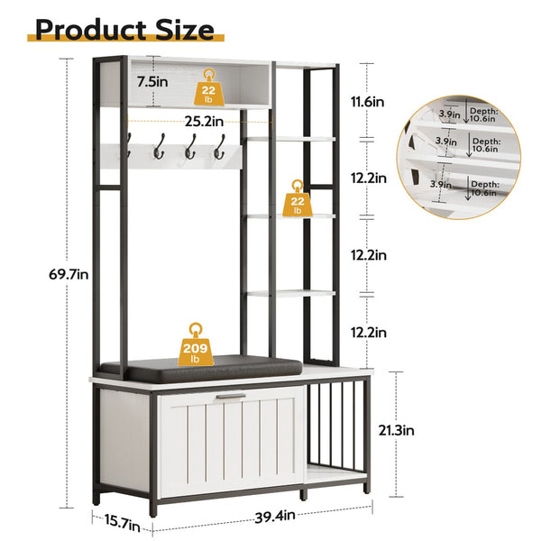 English Elm Hall Tree Entryway Organizer with Cushioned Bench Shoe Cabinet and Coat Hooks White+Black T5618P448216
