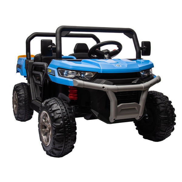 English Elm 24v Kids Ride on Dump Truck Two Seat Electric Utv with Tilting Bed and Remote Control Blue W1578P188521