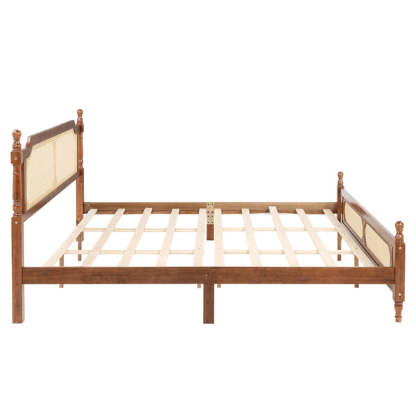 English Elm King Pine Rattan Bed Walnut — Classic Pine Wood King Bed with Rattan Headboard & Footboard, 500lb Capacity W504P269835