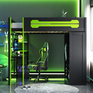 English Elm Full Size Gaming Loft Bed with Rgb Lighting Integrated Desk and Open Wardrobe Green N820S00073F