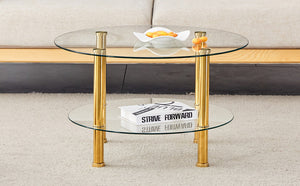 English Elm Contemporary Round Tempered Glass Coffee Table Gold Legs Open Shelf Living Room W1151P234005
