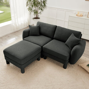 English Elm Boucle Chic 2-Seater Loveseat Sofa With Shell-Shaped Armrests & Removable Ottoman In Dark Gray W3041S00299