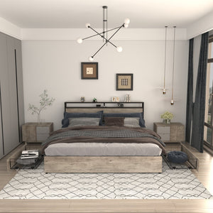 English Elm King Storage Bed with Led Lighting Charging Station Four Drawers Metal Slat Frame W2129P210693