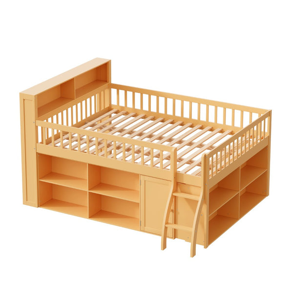 English Elm Queen Loft Bed with Open Shelving Built-in Led Light White Wood Frame N7090005025N
