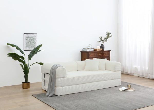 English Elm Convertible 3-Seat Sleeper Sofa Bed Corduroy Folding Floor Couch with Cylindrical Pillow, Plush Support White W3199P309396