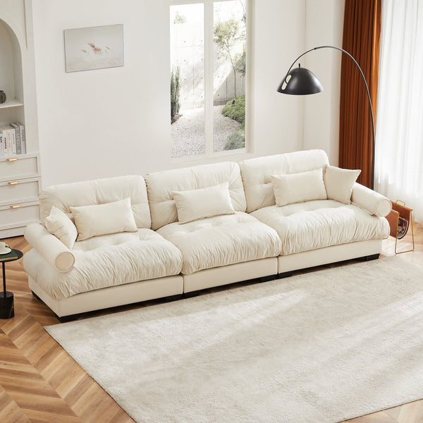 English Elm Extra Velvet 3-Seat Modern Oversize Sofa with Cloud-Like Cushions, Bolster Arms, Pillows, Plush Comfort Cream W714S01071