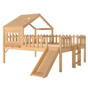 English Elm Twin Playhouse Loft Bed Solid Pine Frame with Slide Led Lights and Star Roof Natural W5316S00005