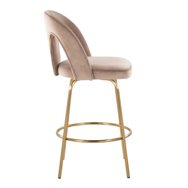 English Elm Fixed-height Swivel Counterstools with White Upholstery Gold Footrest Set of 2 Taupe B202S01790