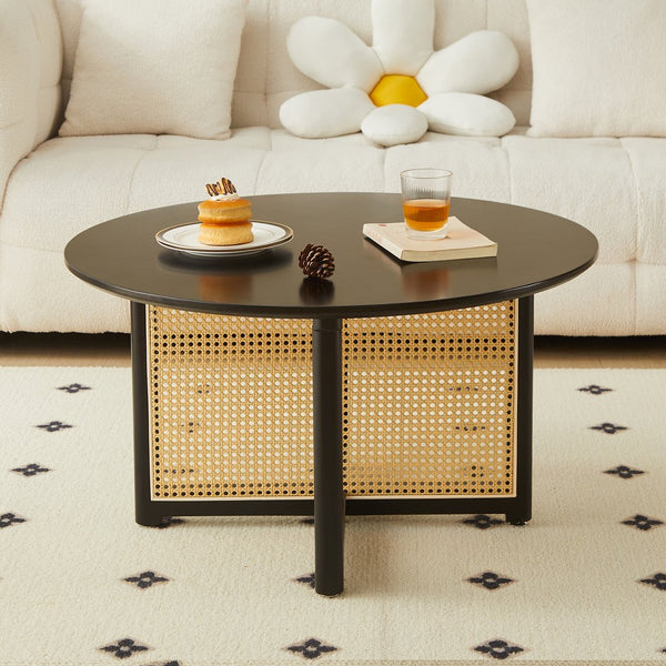 English Elm Mid-century round solid wood coffee table with PE rattan stand, 31.5" Boho black centerpiece, durable style W2720P237624