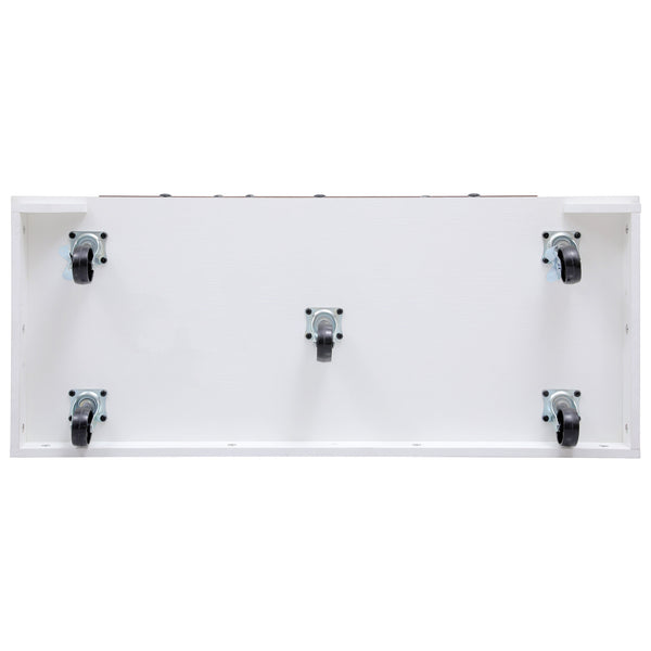 English Elm K&K 46.5'' Farmhouse Kitchen Island Cart with Beaded Drapes, Drop Leaf, Power Hub, Ample Storage White N707P254872W