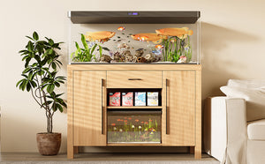 English Elm 55-75 Heavy Duty Aquarium Stand with Power Outlets, 880lb Capacity, 2 Cabinets + Drawer, Natural Finish N704P350198N