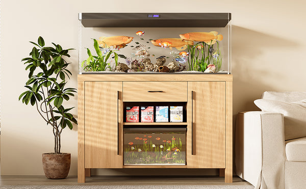 English Elm 55-75 Heavy Duty Aquarium Stand with Power Outlets, 880lb Capacity, 2 Cabinets + Drawer, Natural Finish N704P350198N