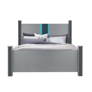 English Elm LORENZO Glam Panel Full Bed with Built-In Headboard Speakers, Glitter Accent, Solid Wood Frame Silver 81.1 L x 11.02 W x 5.12 H B201S00287