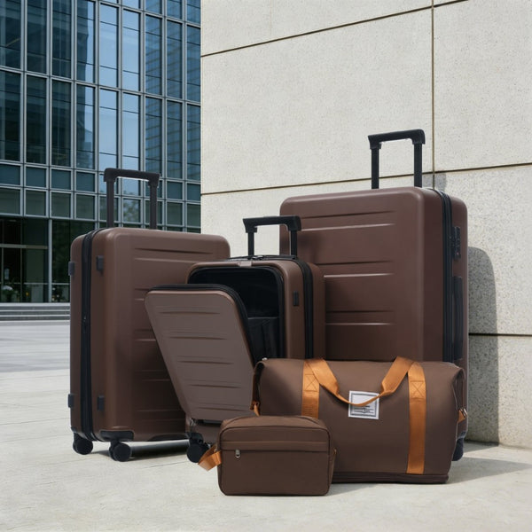 English Elm Luggage 5 Piece Hardside Abs Set with Front Access Carry on and Tsa Spinner Wheels Brown N732P391544O