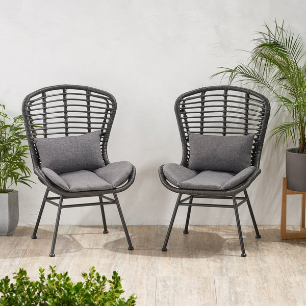 English Elm Christopher Knight Home® - Frazer Woven Rattan Patio Chairs Set of 2 with Water-Resistant Cushions and Durable Iron Frame Grey 65489.00GRY