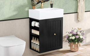 English Elm 20-Inch Compact Bathroom Vanity with Ceramic Sink, Wall-Mounted MDF Cabinet, Modern Space-Saver Design Black N725P314023B
