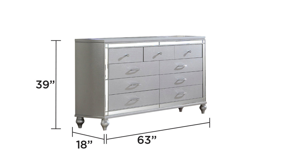 English Elm Sterling Glamour Elegance 9-Drawer Silver Wood Dresser with Gold Top, Mirror Frame & Diamond Pulls 808857879974