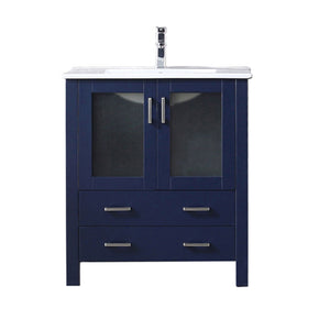 English Elm Navy Blue Bath Vanity 30” W, Contemporary White Ceramic Top & Chrome Faucet Set For Stylish Storage B2731P260511