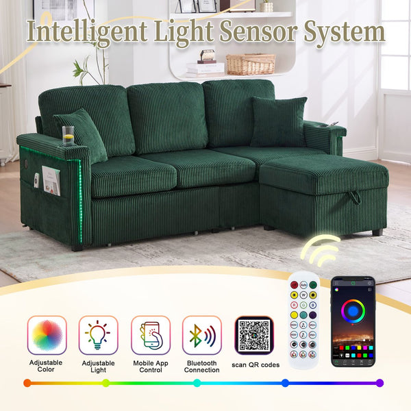 English Elm UNITED Corduroy L-Shaped Sectional Sofa with Storage Ottoman, USB Ports, Cup Holders & LED Lighting Emerald W1568P332404