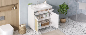English Elm 30" Rattan Front Bathroom Vanity Solid Pine Cabinet with Ceramic Sink and Adjustable Shelf White N710P293988K