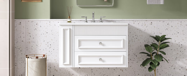 English Elm 30'' Wall Mounted Bathroom Vanity with Ceramic Sink, Floating MDF Cabinet, Soft-Close Drawers & Ample Storage White N710P334915K
