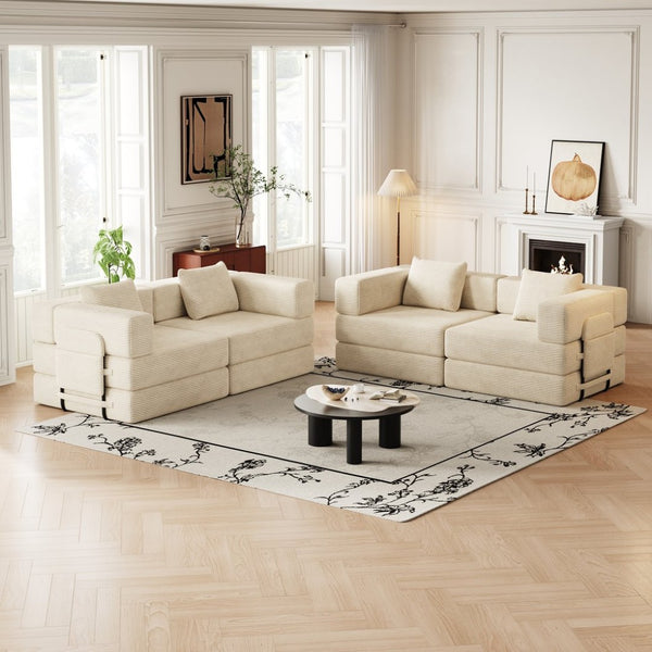 English Elm 4 Seater Corduroy Floor Sofa Bed with Storage Pockets Convertible Lounger for Any Room W3505S00017