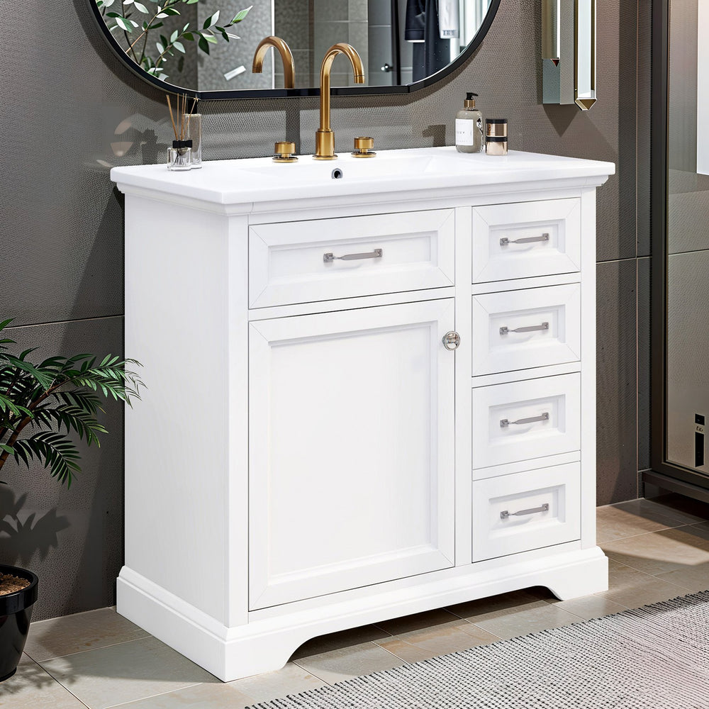 English Elm 36" Modern White Bathroom Vanity with Ceramic Undermount Sink, Heavy-Duty Storage & Soft-Close Drawers W2896P318472