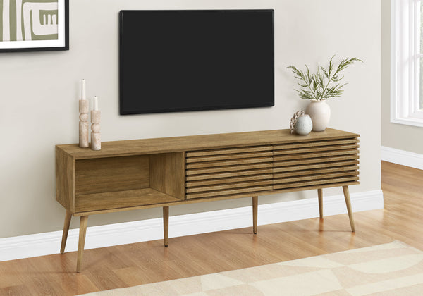 English Elm Tv Stand 72" Walnut Laminate Media Console with Sliding Doors, Open Shelves, Cable Management, Retro Legs B2710P219124