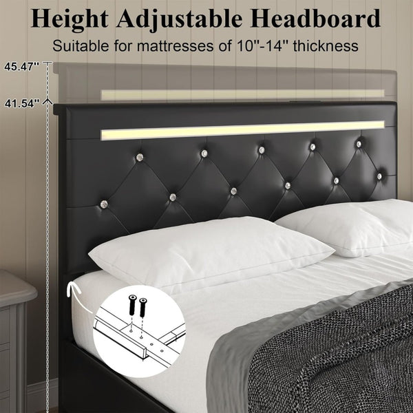 English Elm Full Size Pu Leather Storage Bed with Rgb Led Headboard and Charging Station Black W5722P462440