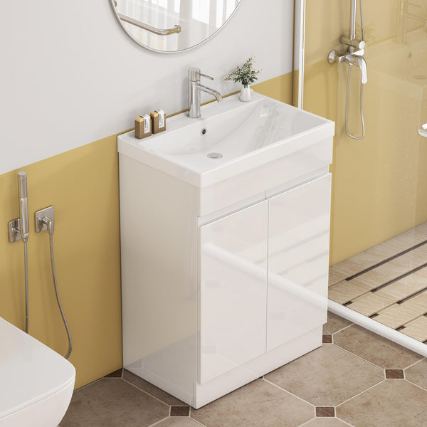English Elm 24-Inch Bathroom Vanity With Integrated Sink & Mirror, Modern Handle-Free Design, Soft-Close Doors & Storage W3151S00057