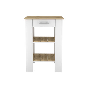 English Elm Brooklyn Two-tone Kitchen Island with Oak Top Open Shelves Drawer and Towel Rack B128P148882