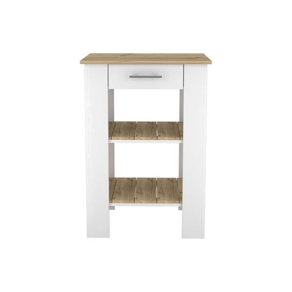 English Elm Brooklyn Two-tone Kitchen Island with Oak Top Open Shelves Drawer and Towel Rack B128P148882