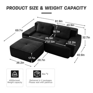 English Elm 82" Modern L-Shaped Modular Sectional Sofa with Plush Corduroy, Deep Ergonomic Seats & Movable Ottoman Black W714S01474
