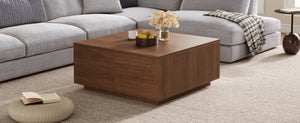 English Elm 33.25" Square Storage Coffee Table Four Drawer Matte Mdf Living Room Centerpiece Walnut N735P422508D