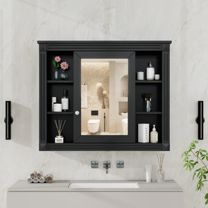 English Elm 35'' Modern Wall Medicine Cabinet with Mirror, Black MDF Storage, Soft-Close Hinges, Towel Rod, Adjustable Shelves N710P197128B