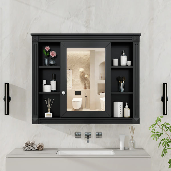 English Elm 35'' Modern Wall Medicine Cabinet with Mirror, Black MDF Storage, Soft-Close Hinges, Towel Rod, Adjustable Shelves N710P197128B