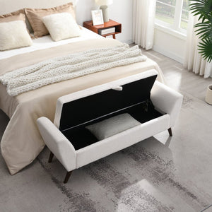 English Elm 60'' Upholstered Storage Bench Teddy Fabric Walnut Legs Mid-century Bedroom Seat Cream W2671P388093