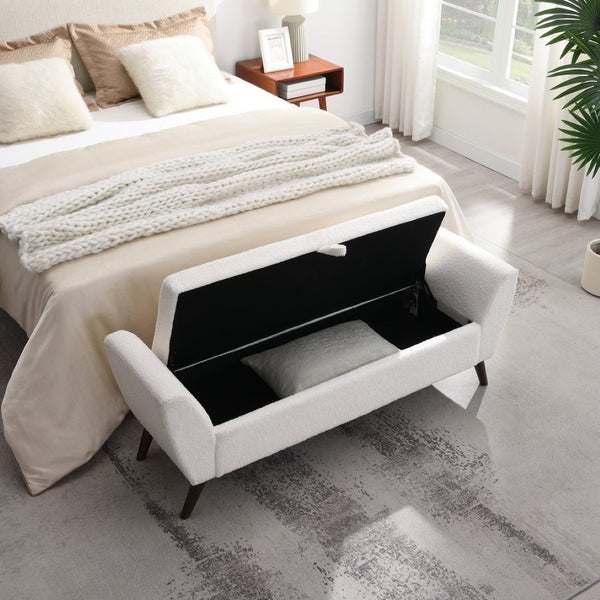 English Elm 60'' Upholstered Storage Bench Teddy Fabric Walnut Legs Mid-century Bedroom Seat Cream W2671P388093