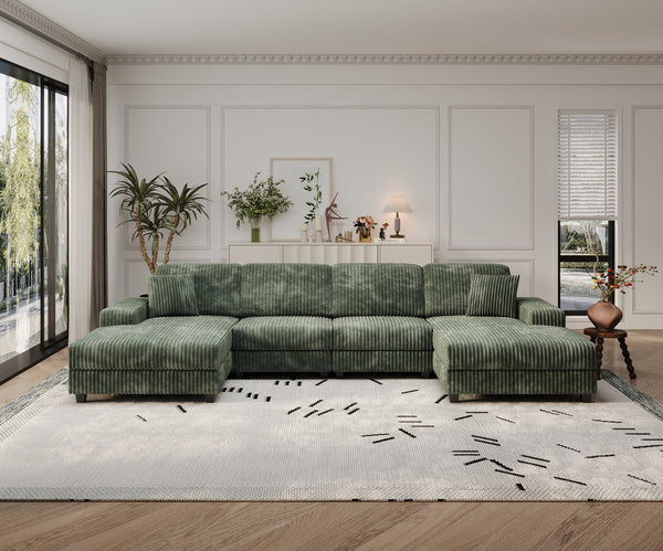 English Elm Convertible U-Shaped Sofa With Storage, Modern Corduroy Design For Spacious Living Rooms, Green W1793S00029
