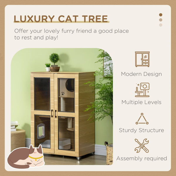 English Elm Pawhut Indoor Cat Enclosure Catio Villa with Scratching Posts Oak Furniture Style W2225P229287