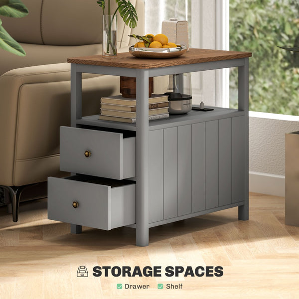 English Elm Side Table with Built-in Power Hub Dual Usb Ports Open Shelf and Two Drawers T3971P405374