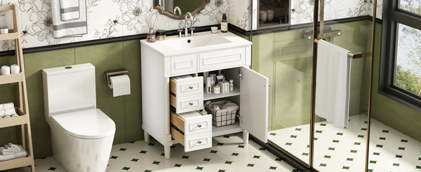 English Elm 30" Bathroom Vanity with Sink — Freestanding Modern Cabinet with Soft-Close Door, 2 Deep Drawers, Durable Basin White N710P288938K