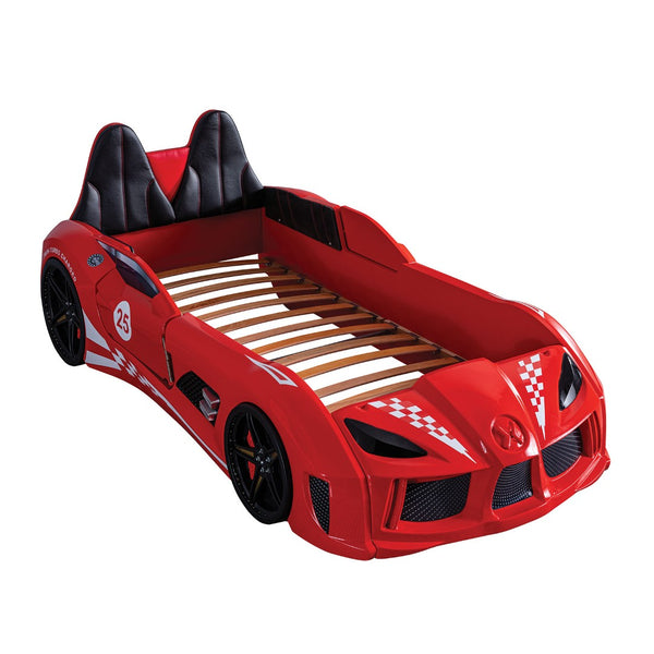 English Elm Modern Race Car Twin Bed with Led Lights Magnetic Doors and Leatherette Upholstery Red B2741S00911