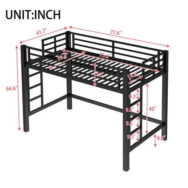 English Elm Twin Metal Loft Bed with Sturdy Frame, Space-Saving Underbed Storage, Safe Ladder & Guardrails W1580P370676