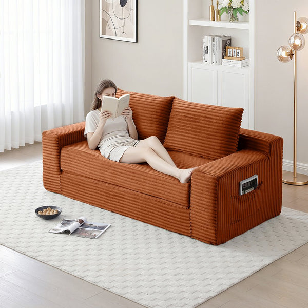 English Elm Memory Foam Cloud Loveseat with Pull-Out Bed, Convertible Floor Sofa Bed for Small Spaces and Guests Orange W2677P395124